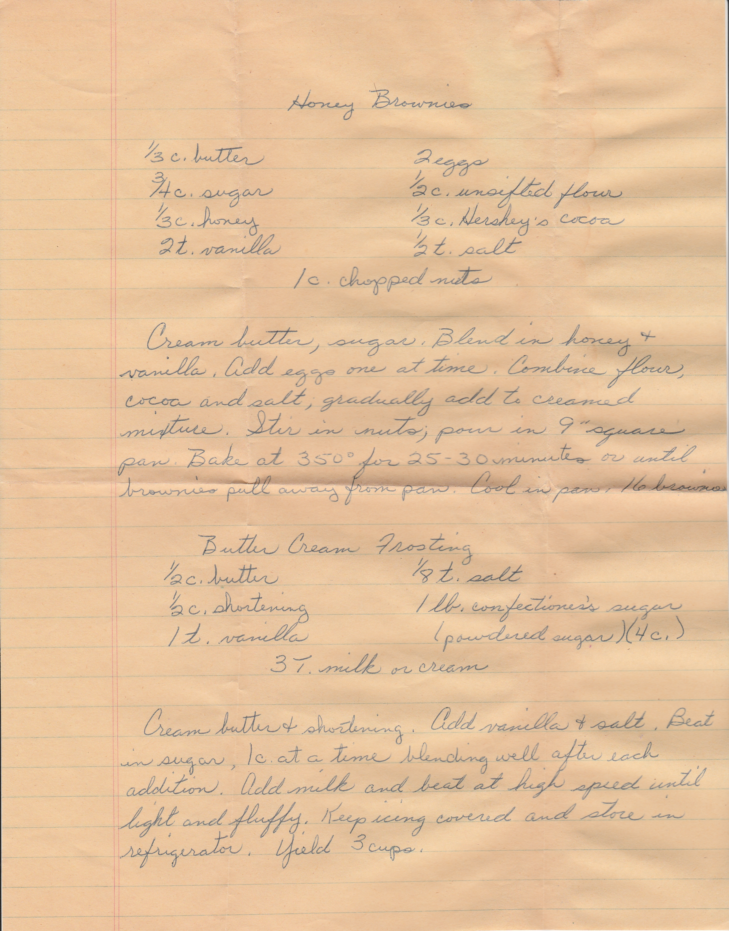 Honey Brownies and Butter Cream Frosting hand written recipe.  The text is contained in this blog post.